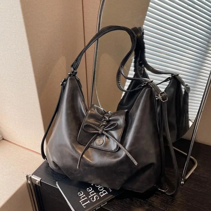 Black Pleated Shoulder Bag with Bow for Women 2026 - Image 7