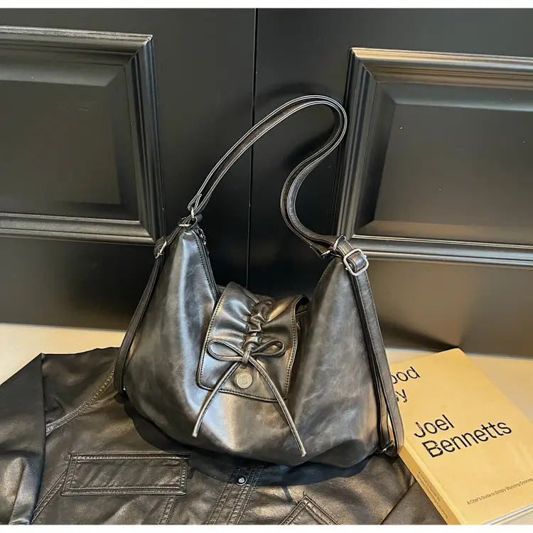 Black Pleated Shoulder Bag with Bow for Women 2026 — feature 16