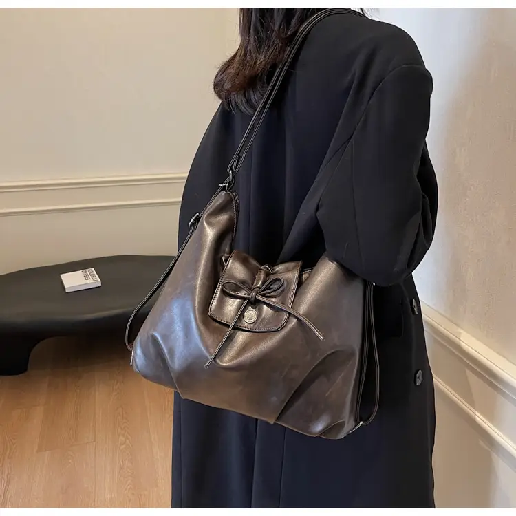 Black Pleated Shoulder Bag with Bow for Women 2026 — feature 24