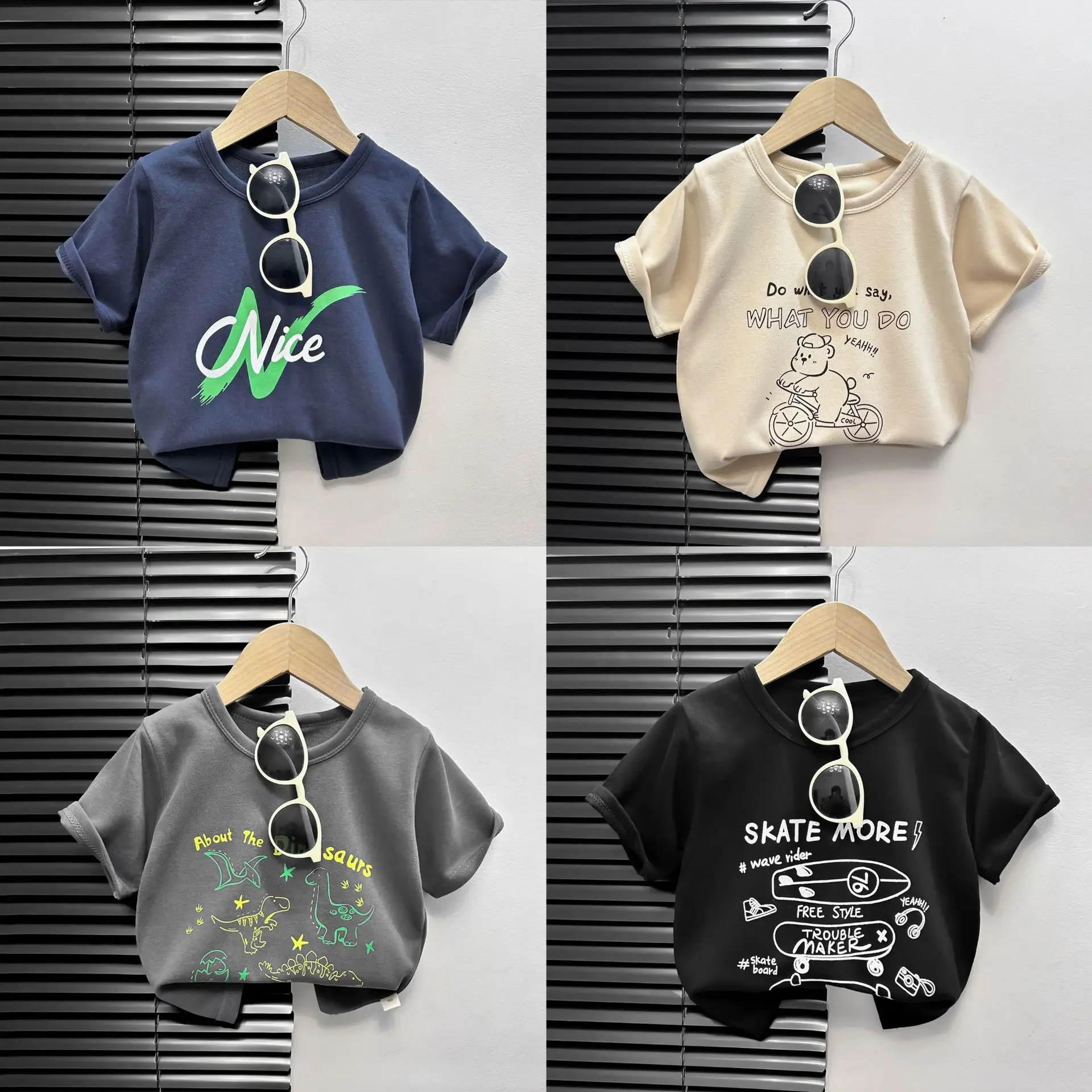 Kids Grey Cartoon T-Shirt Short Sleeve Round Neck