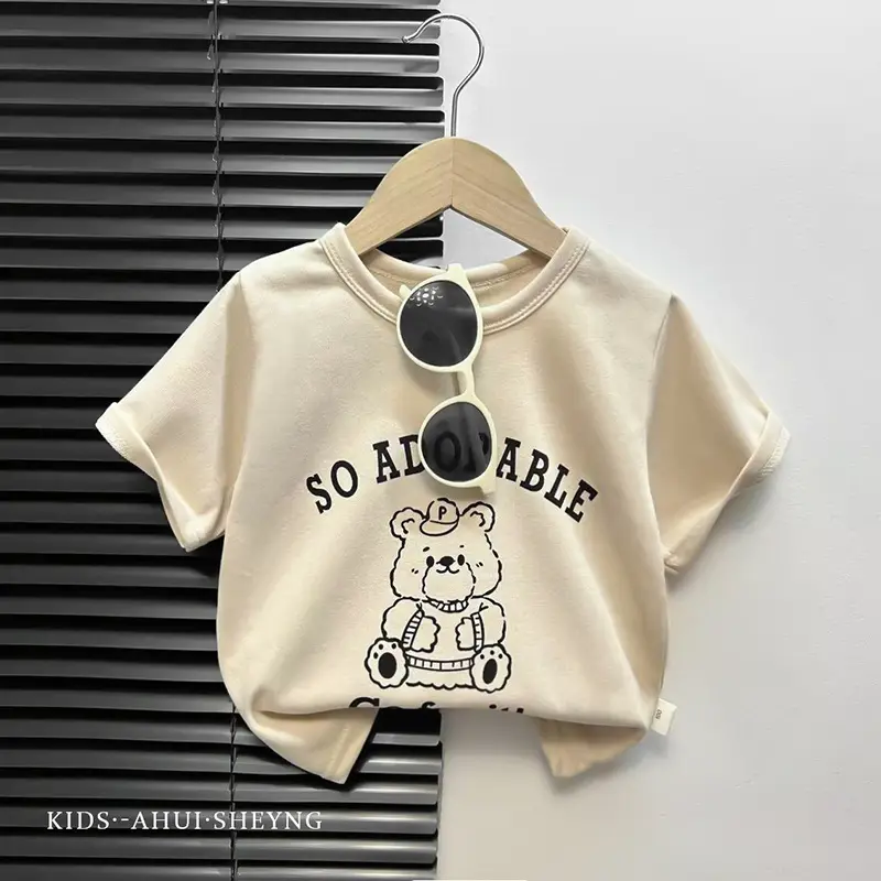 Kids Grey Cartoon T-Shirt Short Sleeve Round Neck