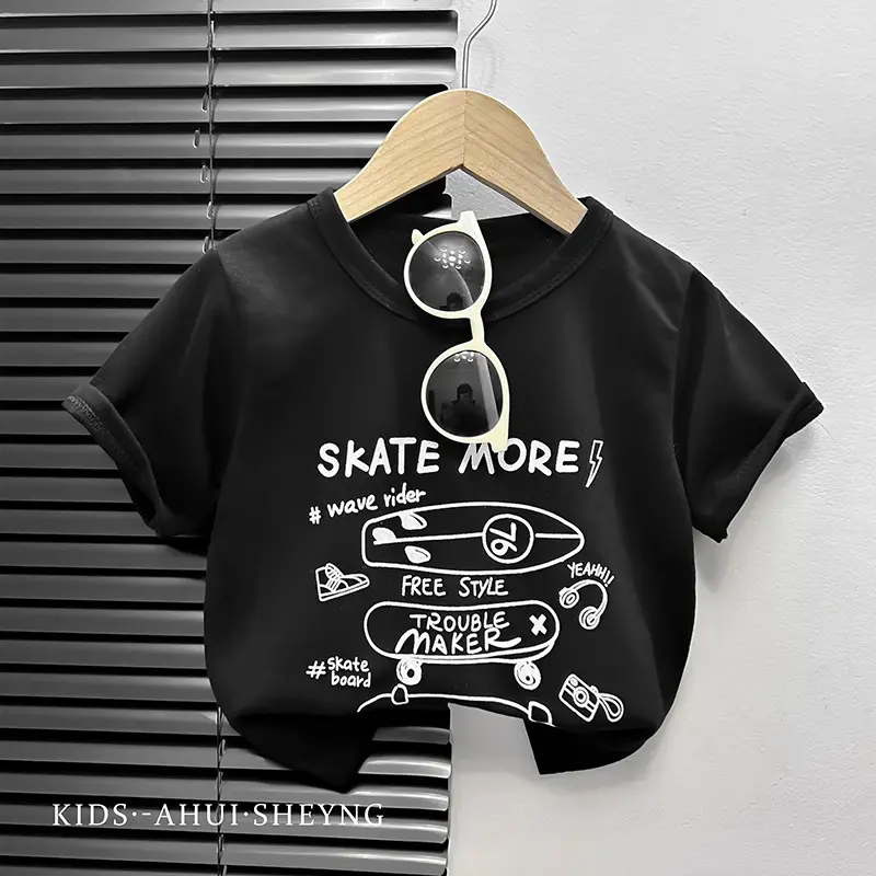 Kids Grey Cartoon T-Shirt Short Sleeve Round Neck