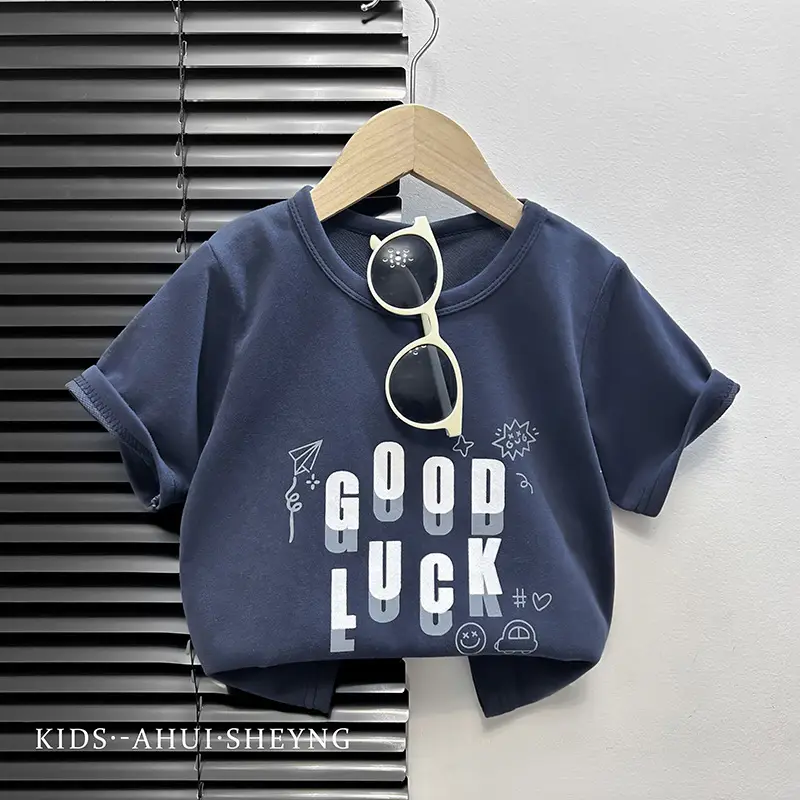 Kids Grey Cartoon T-Shirt Short Sleeve Round Neck