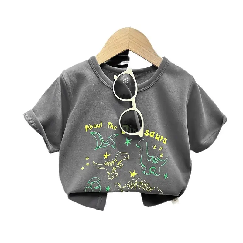 Kids Grey Cartoon T-Shirt Short Sleeve Round Neck