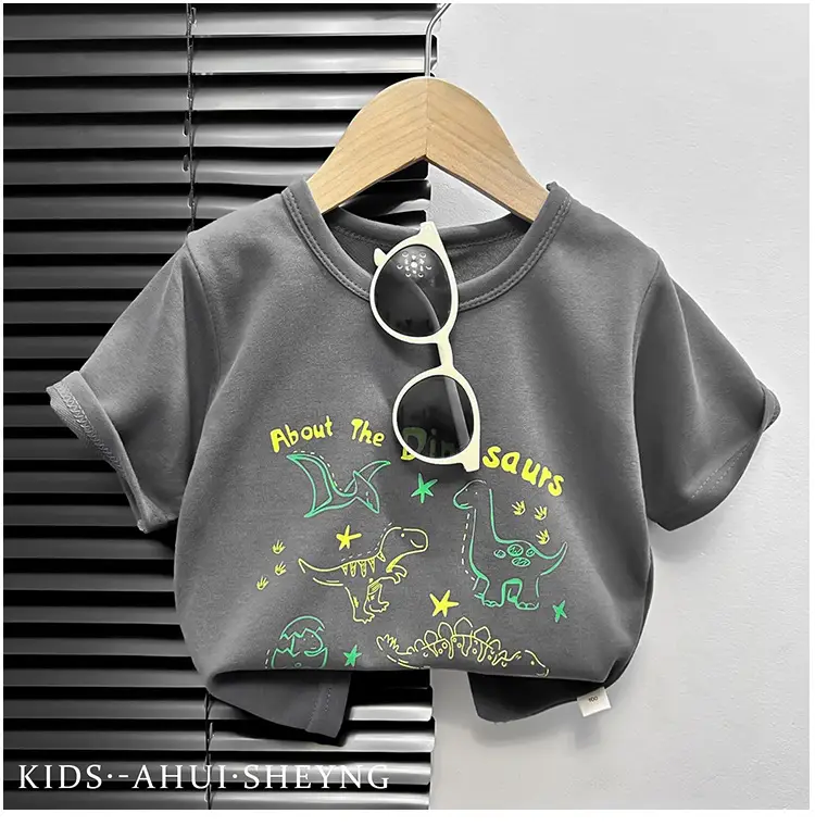 Kids Grey Cartoon T-Shirt Short Sleeve Round Neck — feature 15