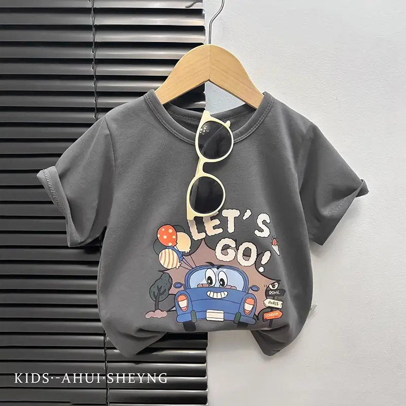 Kids Grey Cartoon T-Shirt Short Sleeve Round Neck
