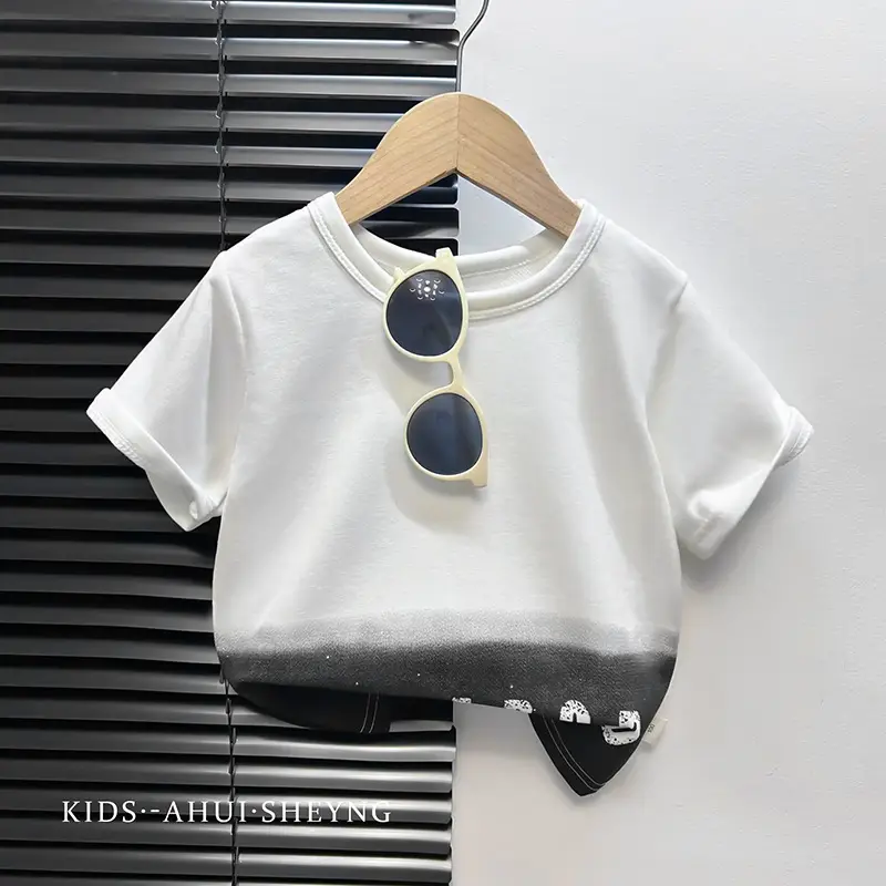 Kids Grey Cartoon T-Shirt Short Sleeve Round Neck