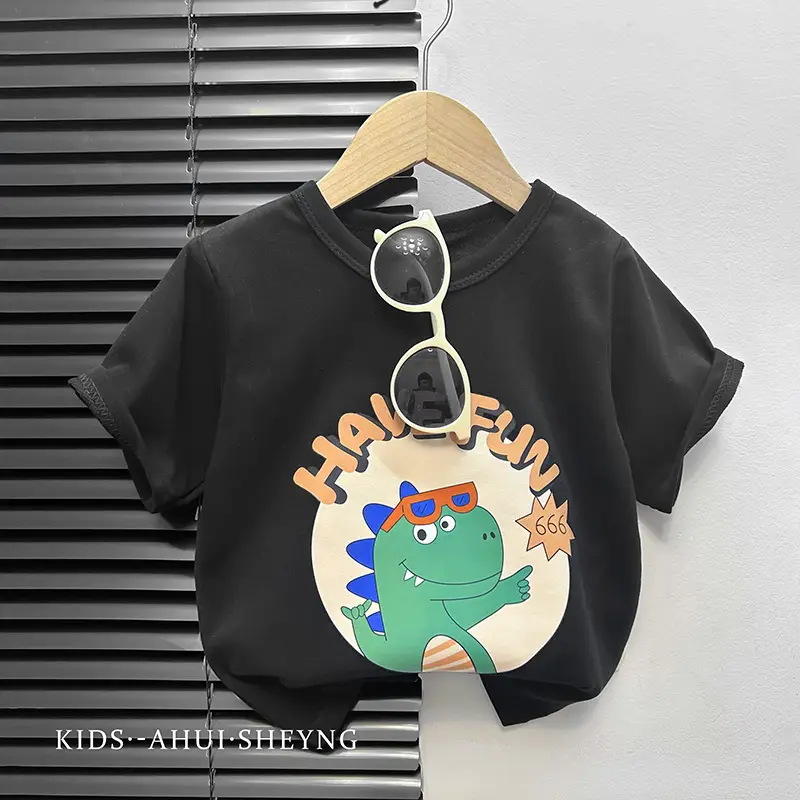 Kids Grey Cartoon T-Shirt Short Sleeve Round Neck