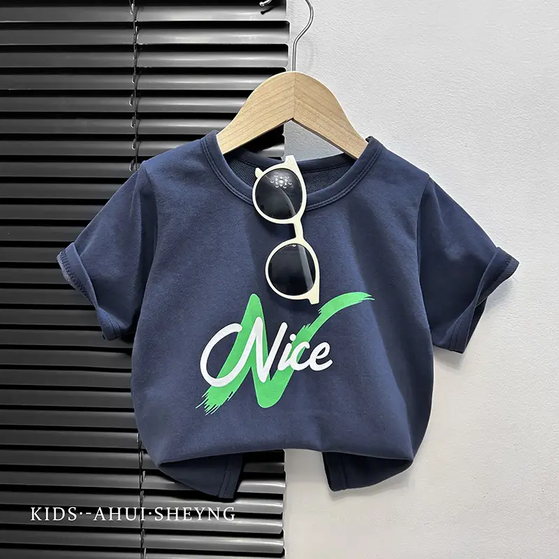 Kids Grey Cartoon T-Shirt Short Sleeve Round Neck