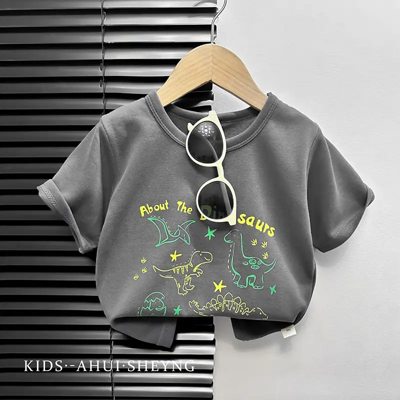 Kids Grey Cartoon T-Shirt Short Sleeve Round Neck