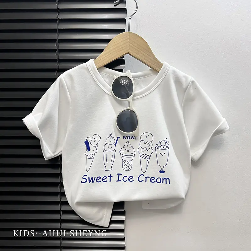 Kids Grey Cartoon T-Shirt Short Sleeve Round Neck