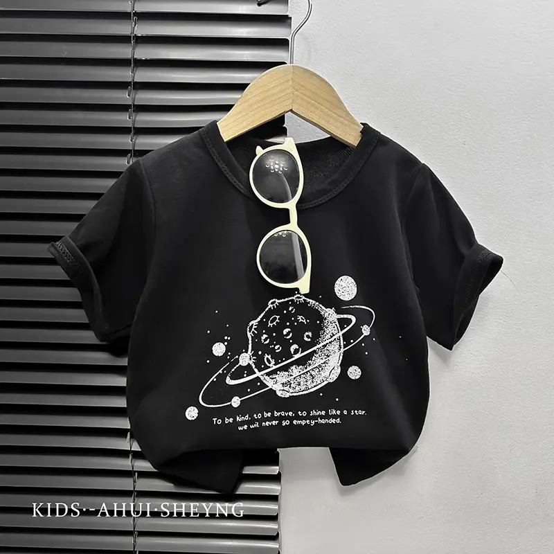 Kids Grey Cartoon T-Shirt Short Sleeve Round Neck
