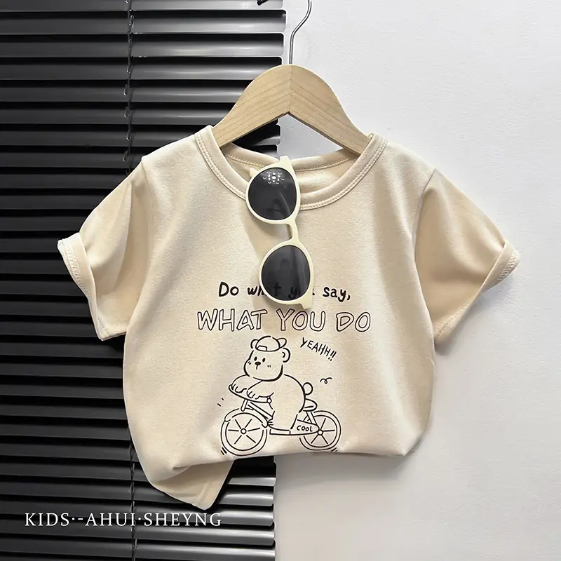 Kids Grey Cartoon T-Shirt Short Sleeve Round Neck