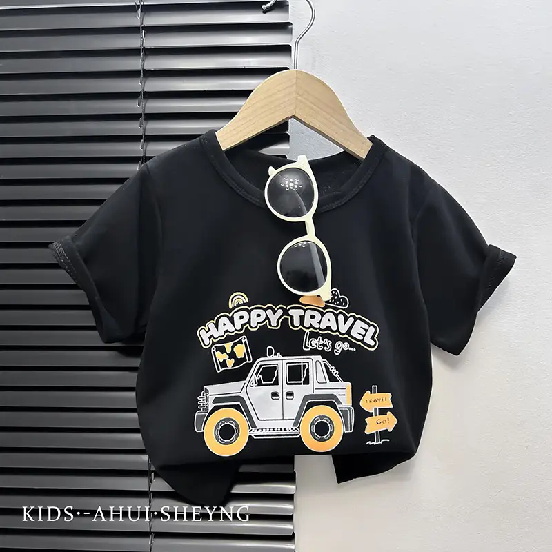 Kids Grey Cartoon T-Shirt Short Sleeve Round Neck