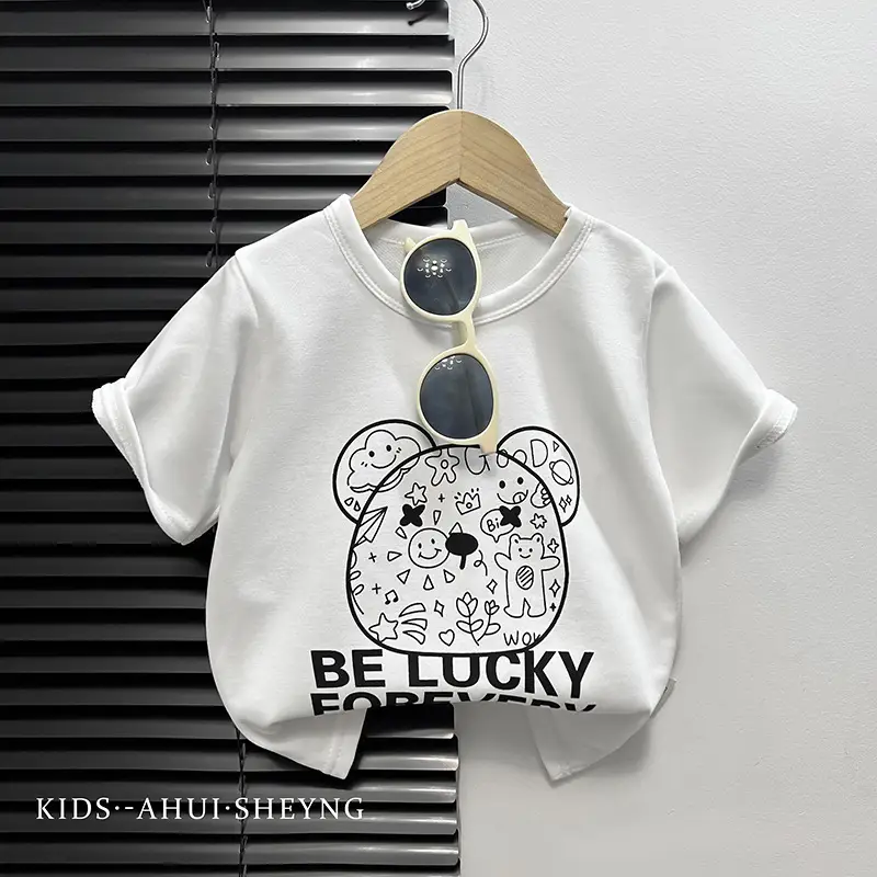 Kids Grey Cartoon T-Shirt Short Sleeve Round Neck