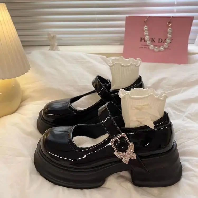French Style Mary Jane Small Leather Shoes Women's 2025 Spring New Black Round Toe Japanese Style Platform High Heeled Retro Single-layer Shoes for Women — feature 1