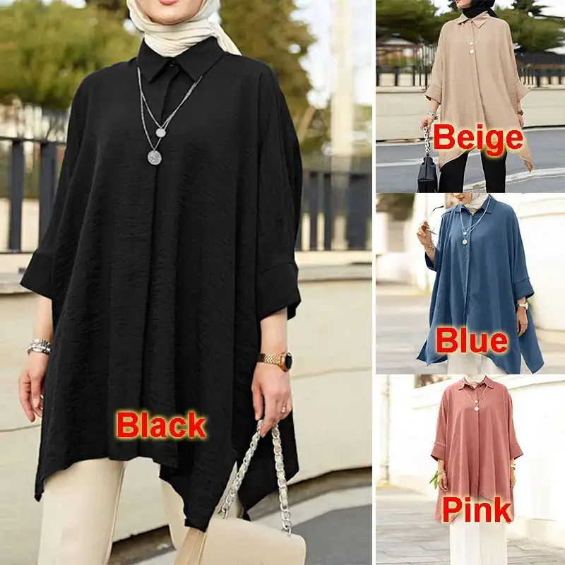 2024 Blue Malaysian Muslim Women Shirt Plus Size Casual Top - Image 6