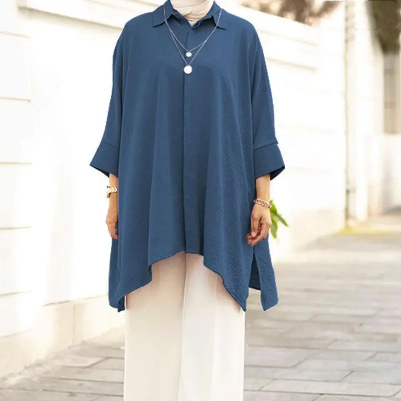 2024 Blue Malaysian Muslim Women Shirt Plus Size Casual Top - Image 4