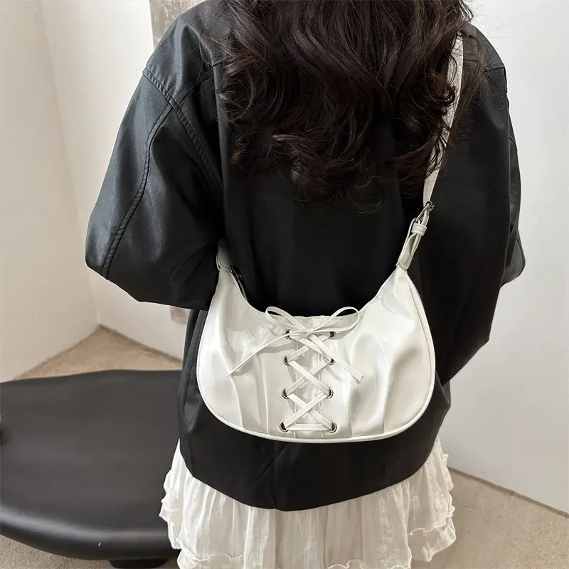 Women's Lace-Up Bow Shoulder Bag Black White Red - Image 5