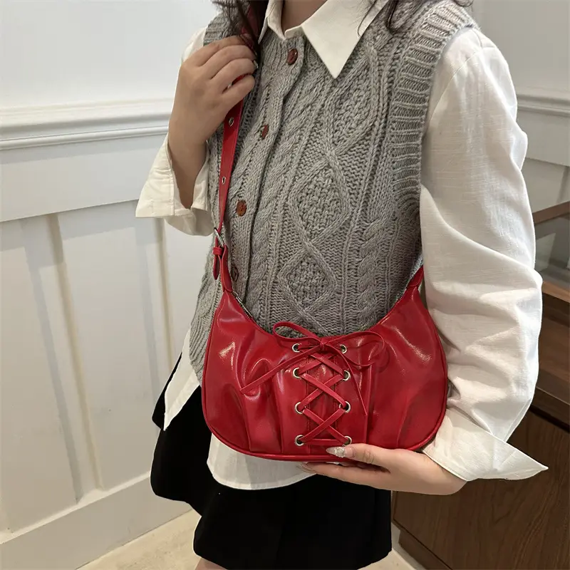 Women's Lace-Up Bow Shoulder Bag Black White Red - Image 6