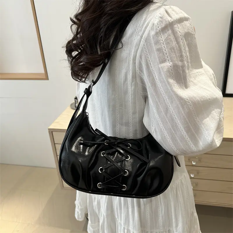 Women's Lace-Up Bow Shoulder Bag Black White Red - Image 7