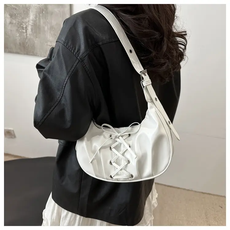 Women's Lace-Up Bow Shoulder Bag Black White Red — feature 10