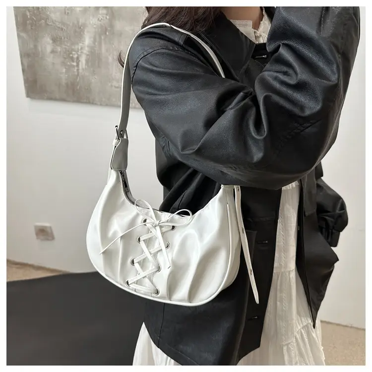 Women's Lace-Up Bow Shoulder Bag Black White Red — feature 11