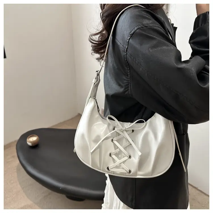 Women's Lace-Up Bow Shoulder Bag Black White Red — feature 12