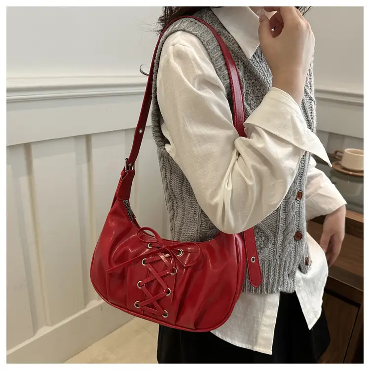 Women's Lace-Up Bow Shoulder Bag Black White Red — feature 13