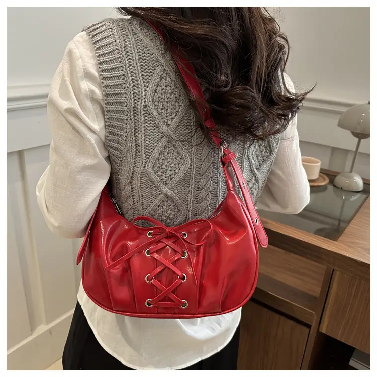 Women's Lace-Up Bow Shoulder Bag Black White Red — feature 14