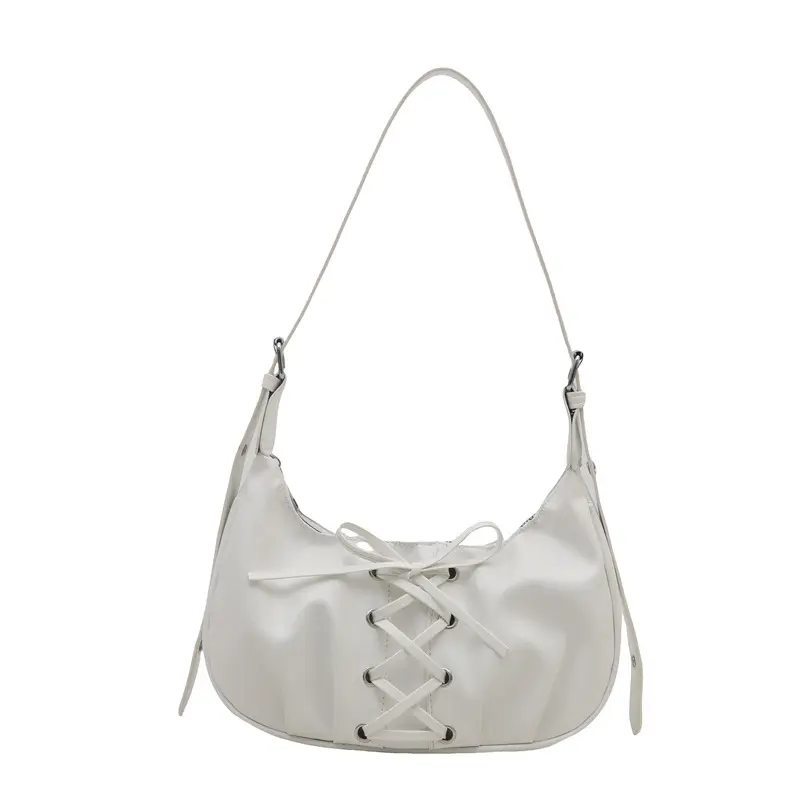 Women's Lace-Up Bow Shoulder Bag Black White Red - Image 3