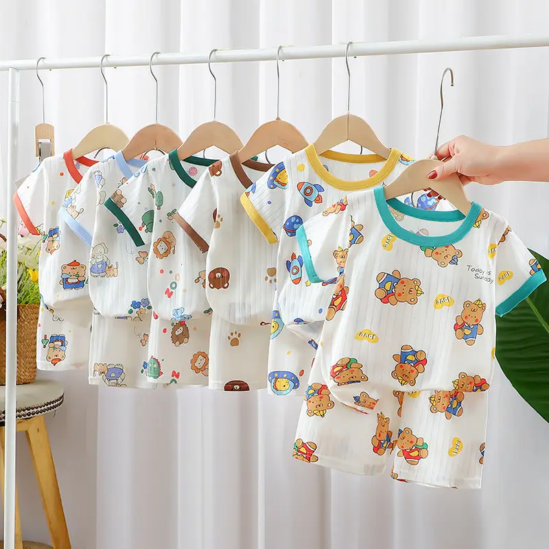 2024 Kids Cotton Bear Print Shorts Suit Boys Girls