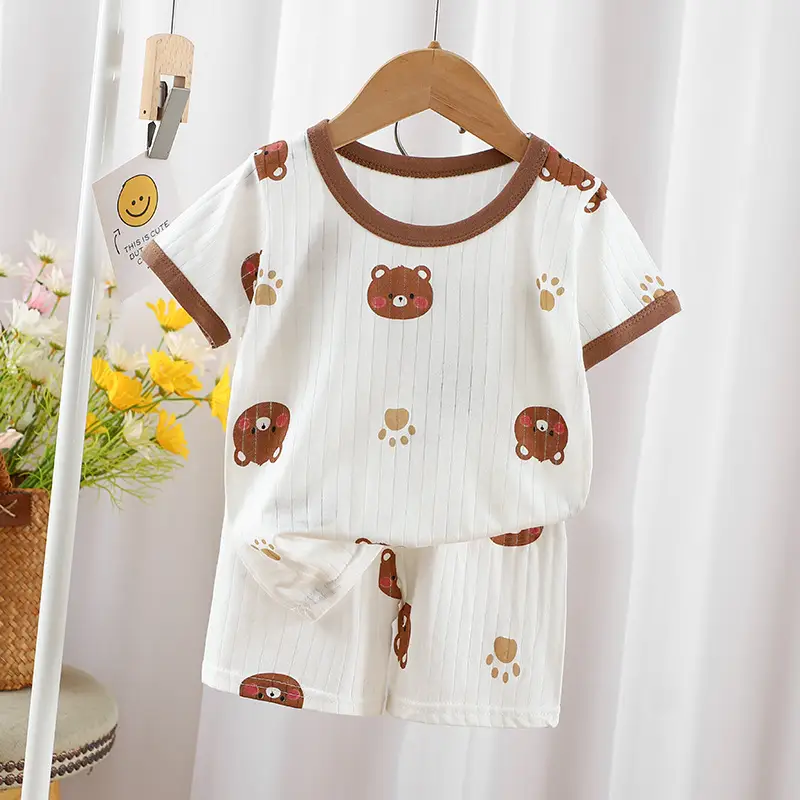 2024 Kids Cotton Bear Print Shorts Suit Boys Girls
