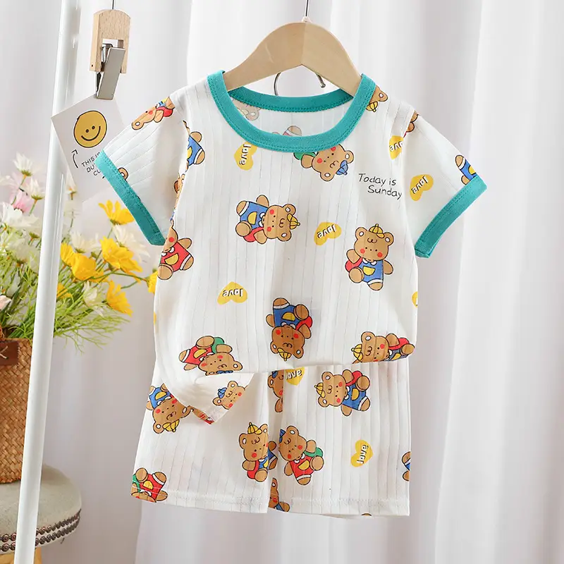 2024 Kids Cotton Bear Print Shorts Suit Boys Girls
