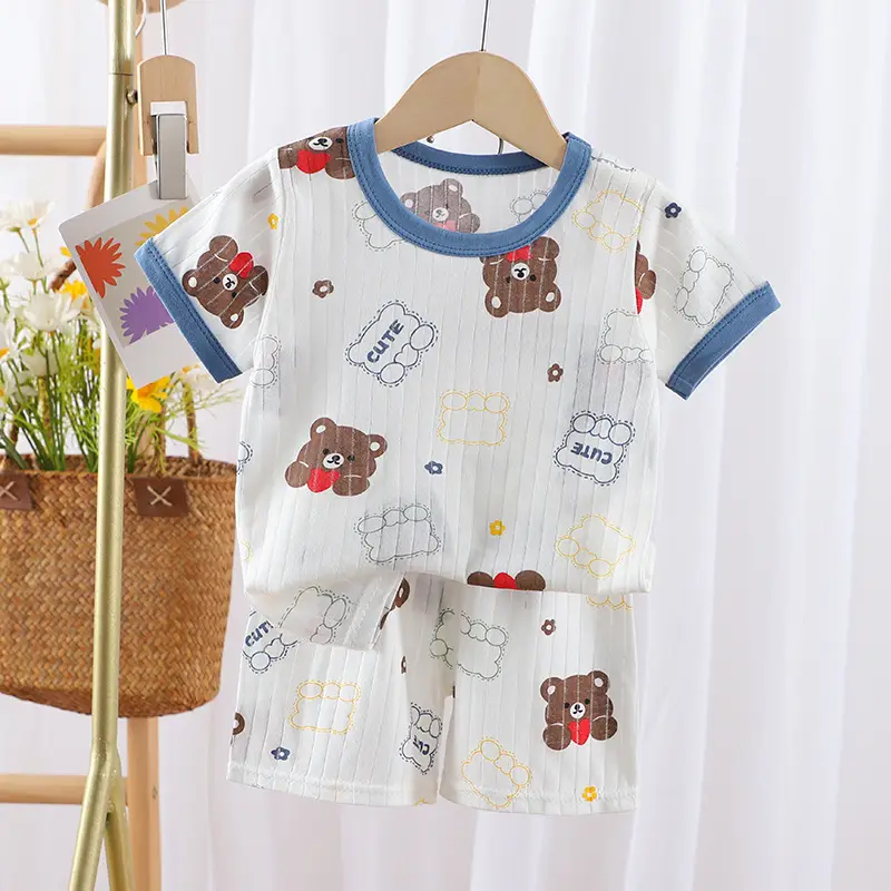 2024 Kids Cotton Bear Print Shorts Suit Boys Girls