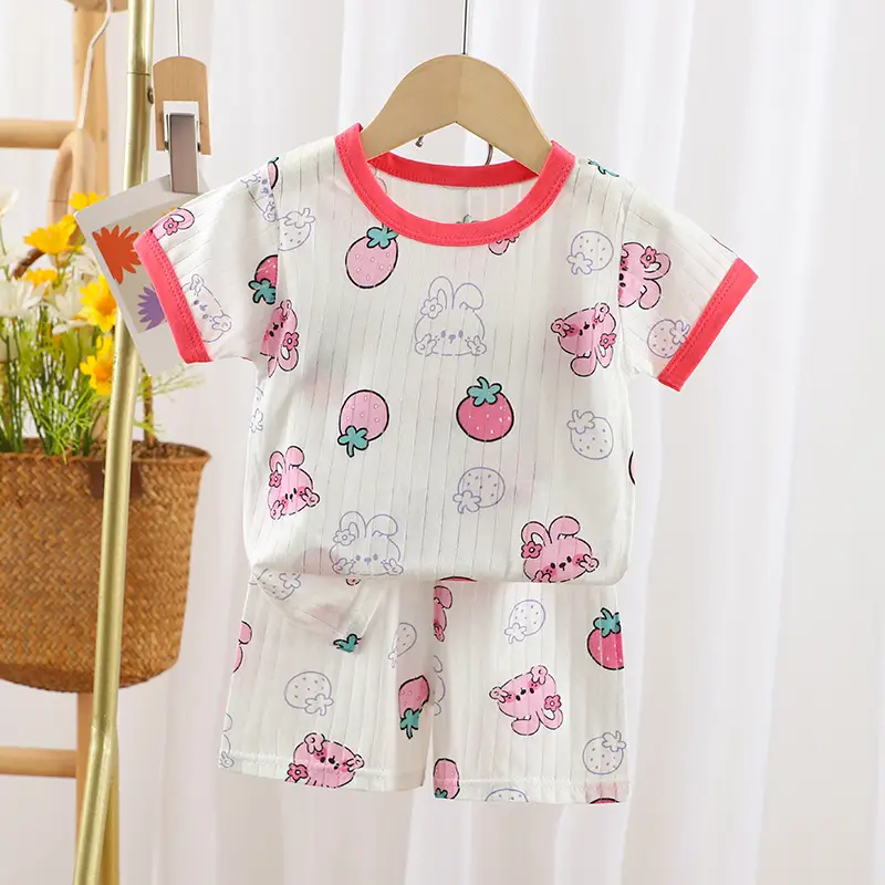 2024 Kids Cotton Bear Print Shorts Suit Boys Girls