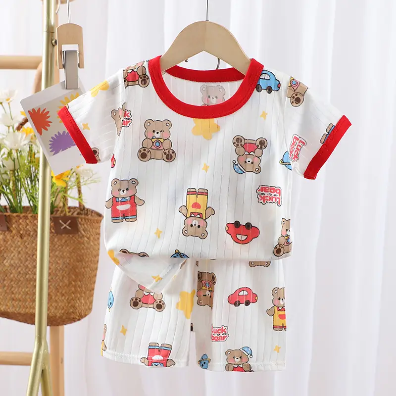 2024 Kids Cotton Bear Print Shorts Suit Boys Girls