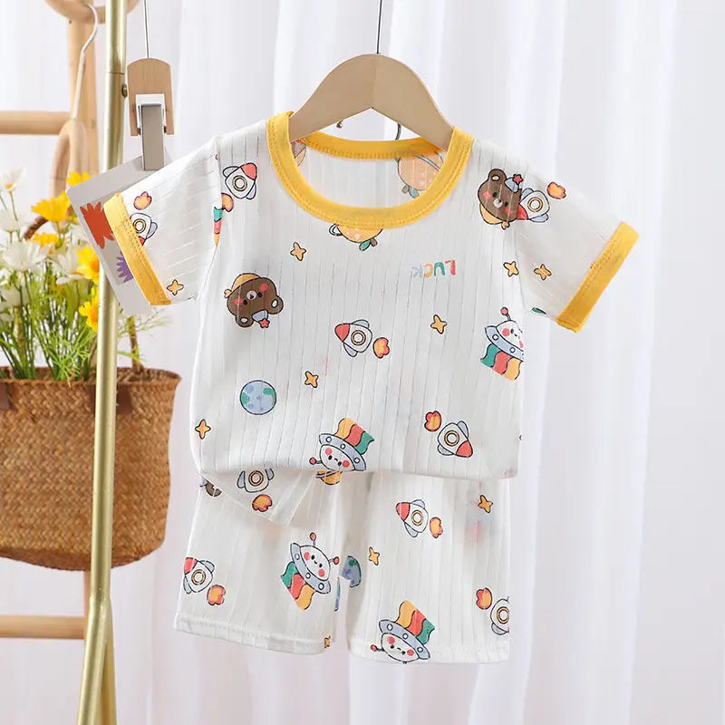 2024 Kids Cotton Bear Print Shorts Suit Boys Girls