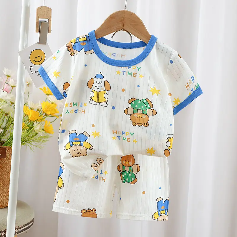 2024 Kids Cotton Bear Print Shorts Suit Boys Girls