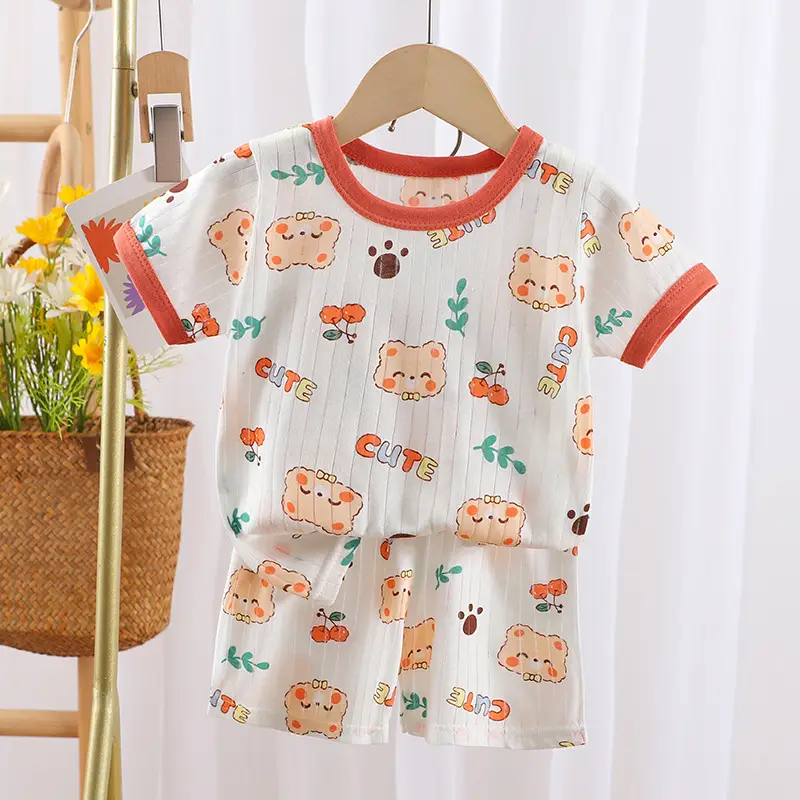 2024 Kids Cotton Bear Print Shorts Suit Boys Girls