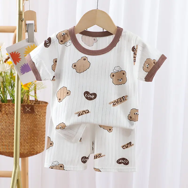 2024 Kids Cotton Bear Print Shorts Suit Boys Girls