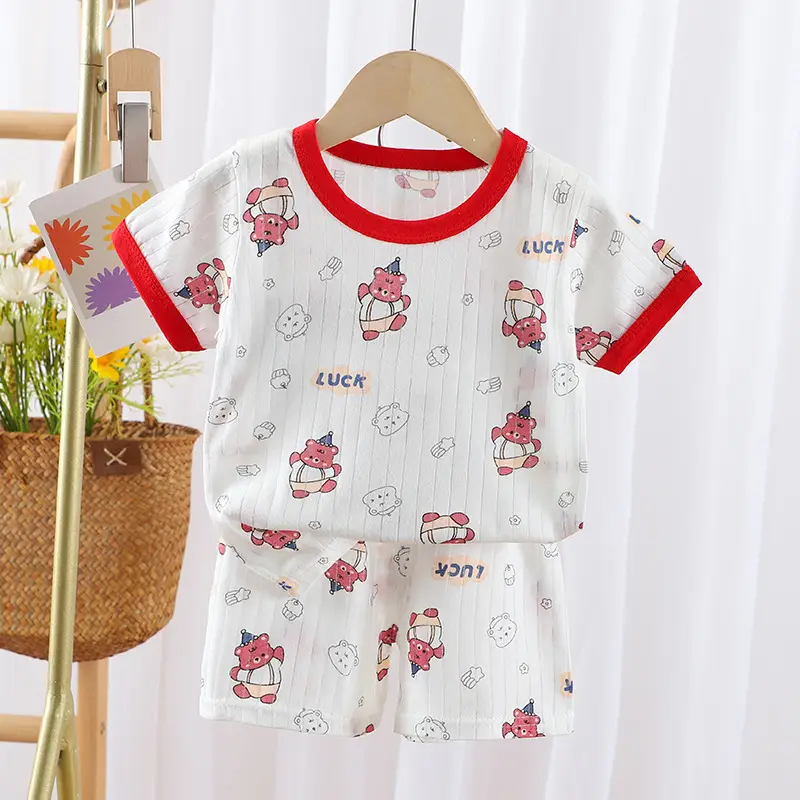 2024 Kids Cotton Bear Print Shorts Suit Boys Girls