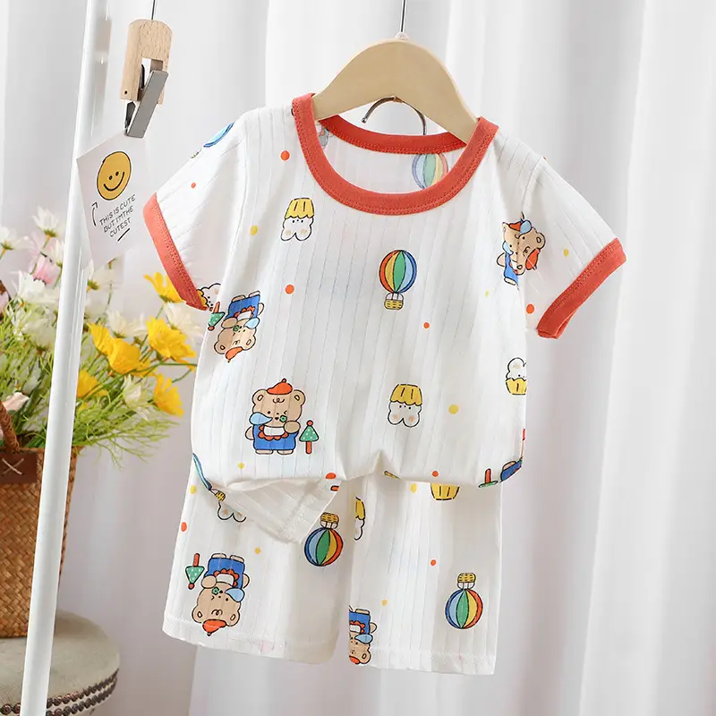 2024 Kids Cotton Bear Print Shorts Suit Boys Girls
