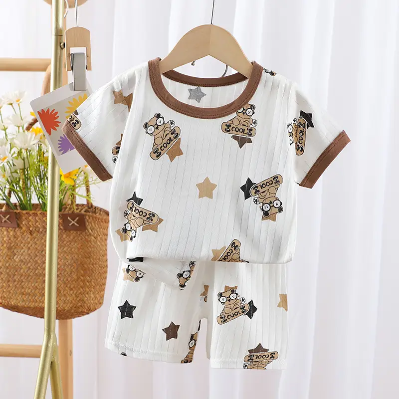 2024 Kids Cotton Bear Print Shorts Suit Boys Girls