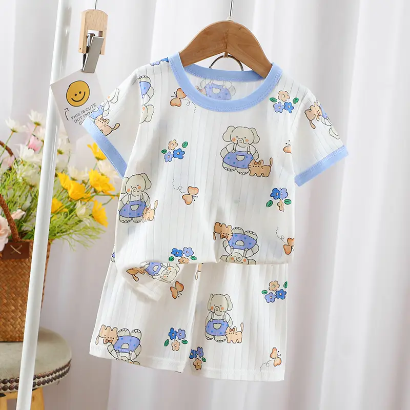2024 Kids Cotton Bear Print Shorts Suit Boys Girls