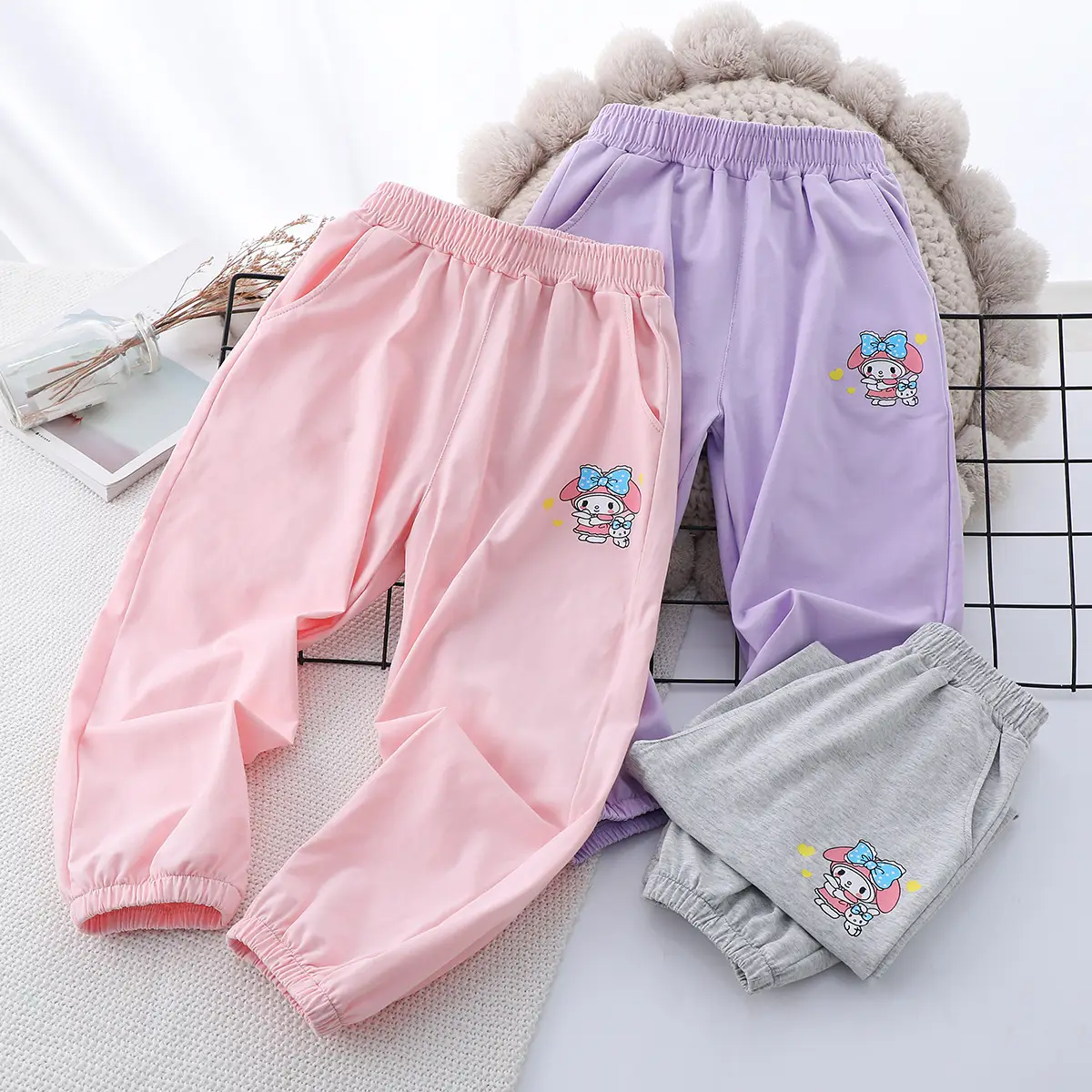 Girls Grey Sweatpants 2025 Summer Casual Ice Porcelain Embroidery — feature 3