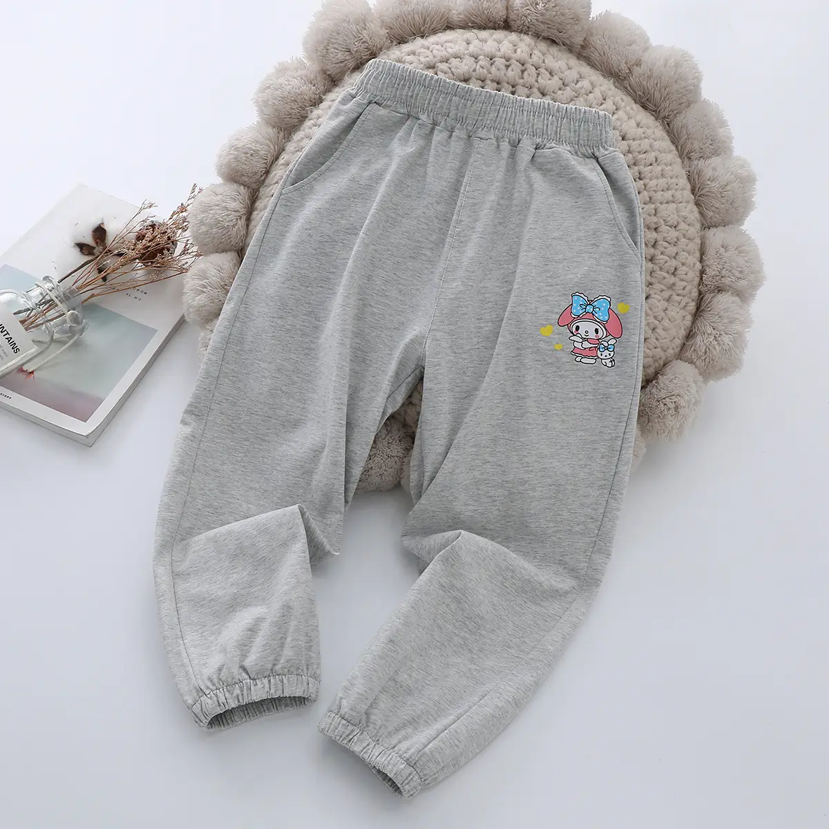 Girls Grey Sweatpants 2025 Summer Casual Ice Porcelain Embroidery - Image 2