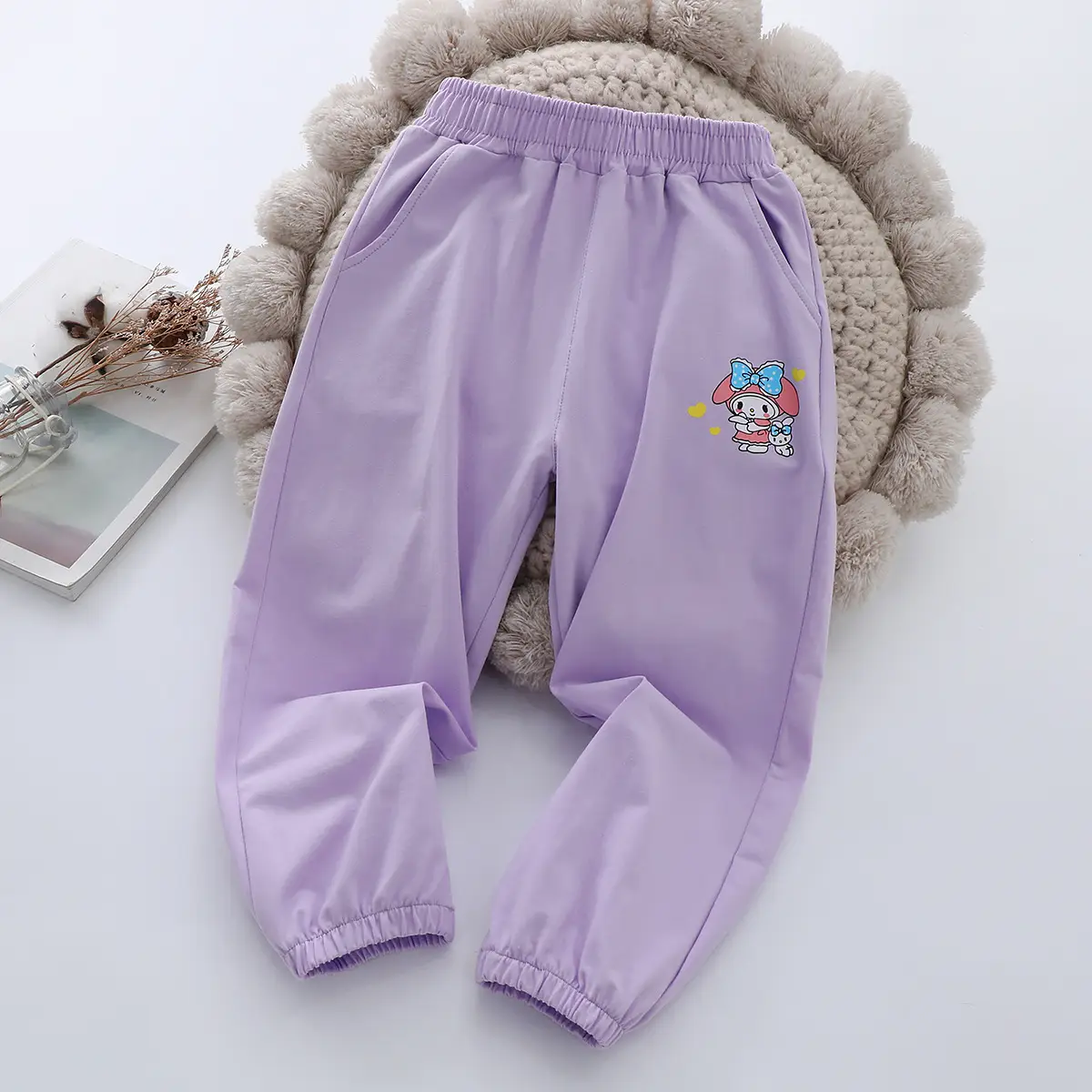 Girls Grey Sweatpants 2025 Summer Casual Ice Porcelain Embroidery - Image 3