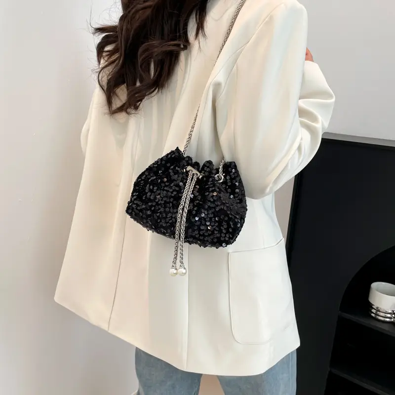 Sequins & Pearl Chain Shoulder Bag Women