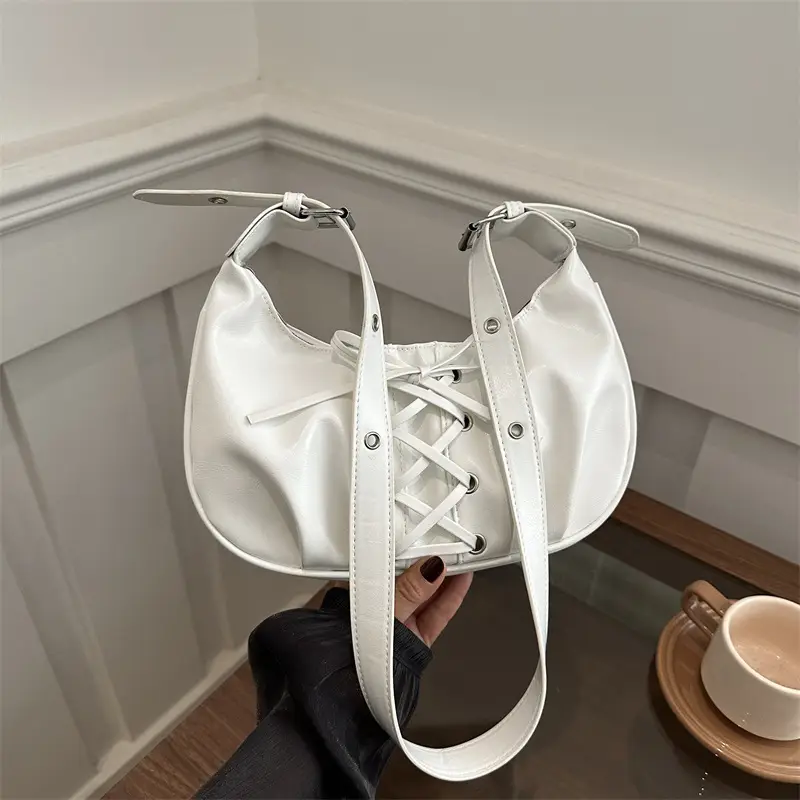White Pleated Shoulder Bag with Bow Strap for Women - Image 4